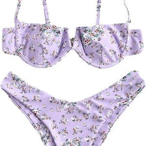 ZAFUL Women's Underwire Bikini Floral High Cut Bikini Set V-Wired Two Piece Swim